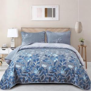 WONGS BEDDING Blue Floral Quilt Set Twin,2 Pieces Botancal Leaves Bedspread Coverlet Set with 1 Pillowcase, Soft Grayish Blue Gradient Floral Bedding Set for All Season 68"x86"