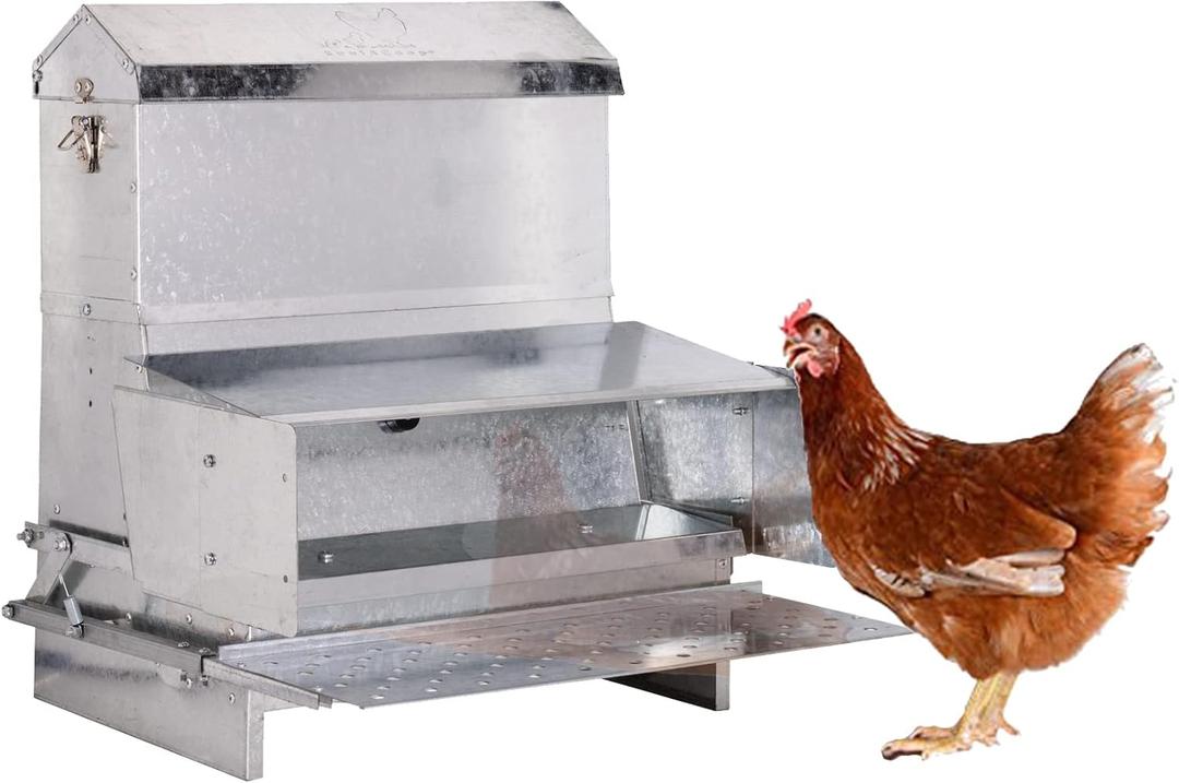 RentACoop Automatic Metal Treadle Feeder - Outdoor Use, Rainproof - Suitable for Chickens, Bantams, Poultry, Pheasants, etc. - 40lb Capacity