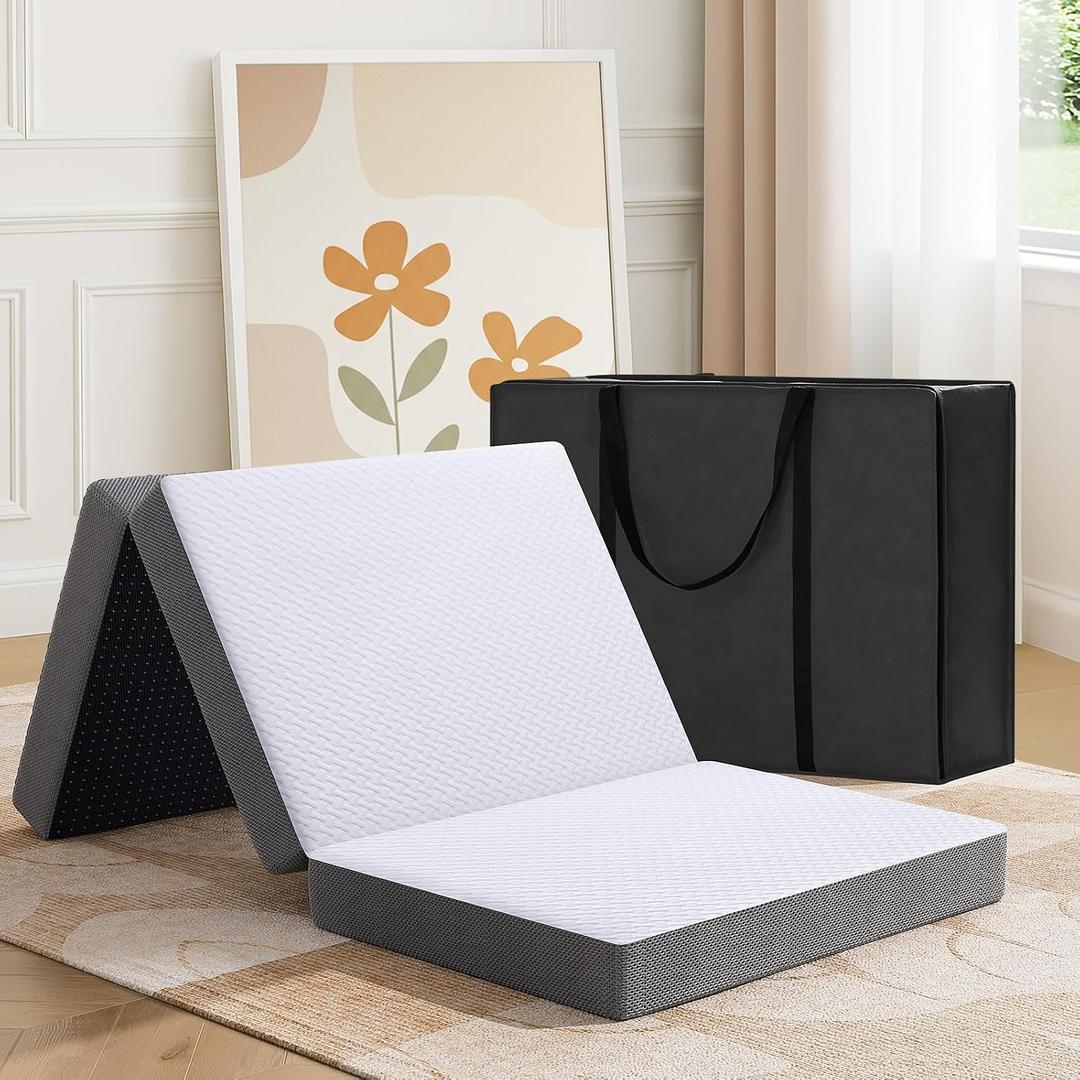 MASVIS Trifold Mattress, 4 Inch Memory Foam Foldable Mattress with Washable Cover, Tri-Folding Floor Bed for Camping, Single