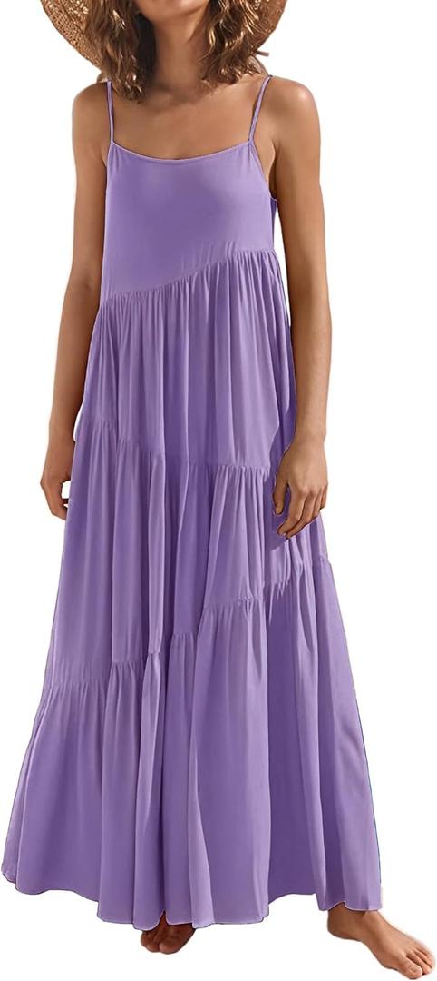 Womens Summer Dresses Loose Sleeveless Spaghetti Strap Asymmetric Tiered Maxi Dress (Large, Purple)