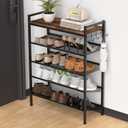 Refrze Shoe Rack for Front Door Entrance, 5 Tier Height-Adjustable Metal Shoe Rack, Sturdy Wooden Top and Tiltable Steel Frame Heavy Duty Shoe Organizer for Bathroom, Bedroom, Kitchen, Include Hook