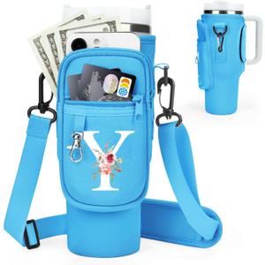 Initial Water Bottle Holder with Strap for Stanley Cup Accessories 40 oz Tumbler/Simple Modern Tumbler Bag, Water Bottle Carrier Bag with Strap for Men Women Gift Hiking, Travel, Camping, Walking Gym (Blue)
