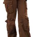 Women Mid Waisted Cargo Jeans Flap Pocket Straight Wide Leg Casual Baggy Boyfriend Denim Streetwear Pants (X-Large, Brown)