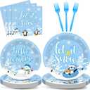 96PCS Hello Winter Party Supplies Winter Snowflake Party Tableware Set Christmas Disposable Dinnerware Plates Napkins Forks with Snowman Penguin for Winter Christmas Birthday Party Favors,  Let It Snow