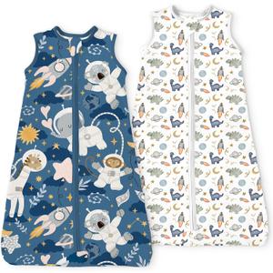 Toddler Sleep Sacks 2T-3T-4T, 0.5 TOG Light Summer Wearable Blankets, Extra Long XL Sleeping Bags, 2 Pack (Animal Space & Dino Space)