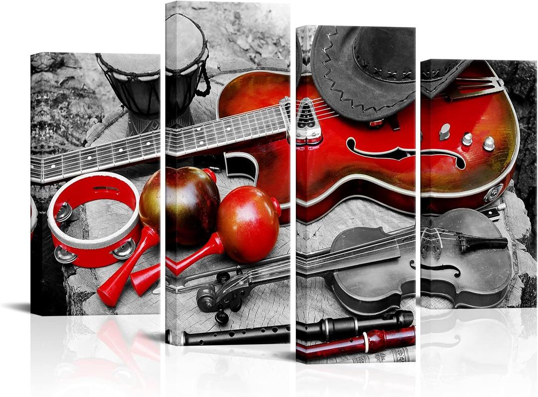 Conipit Music Instrument Wall Art Black Red Guitar Canvas Art Violin Pictures Western Musical Artwork Prints Framed 4 Panels