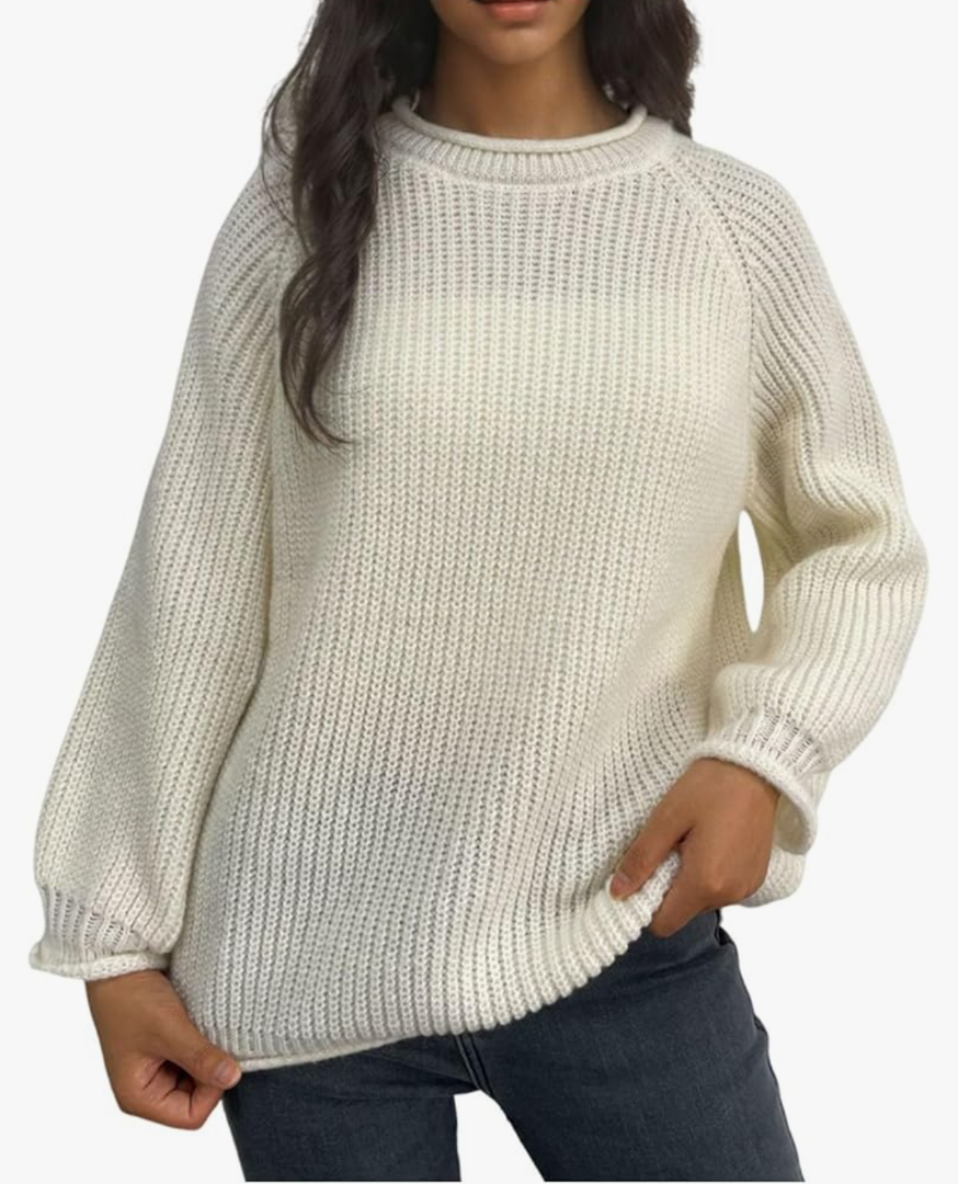 Women's Fashion Turtleneck Long Sleeve Casual Sweater, Loose Chunky Knit Warm Pullover Solid Color Soft Jumper Tops, XL, White
