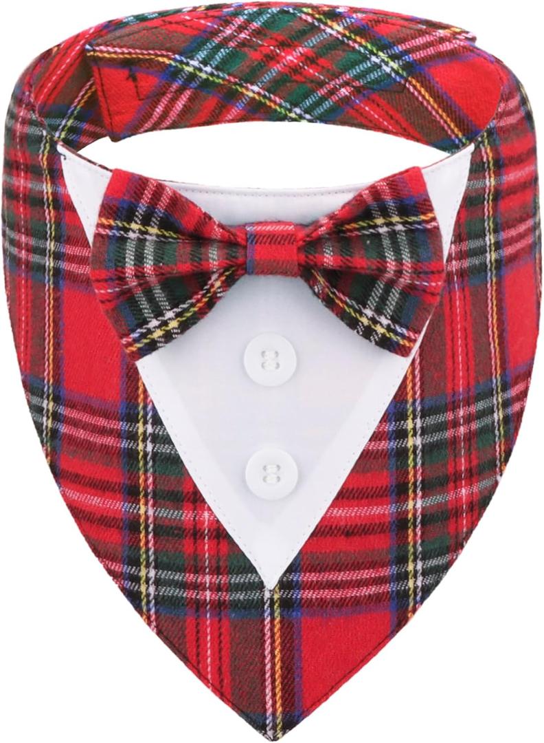 ADOGGYGO Christmas Dog Tuxedo Bandana, Red Plaid Pet Chritstmas Collar with Bowtie, Adjustable Christmas Costume for Medium Dogs Pets (M)