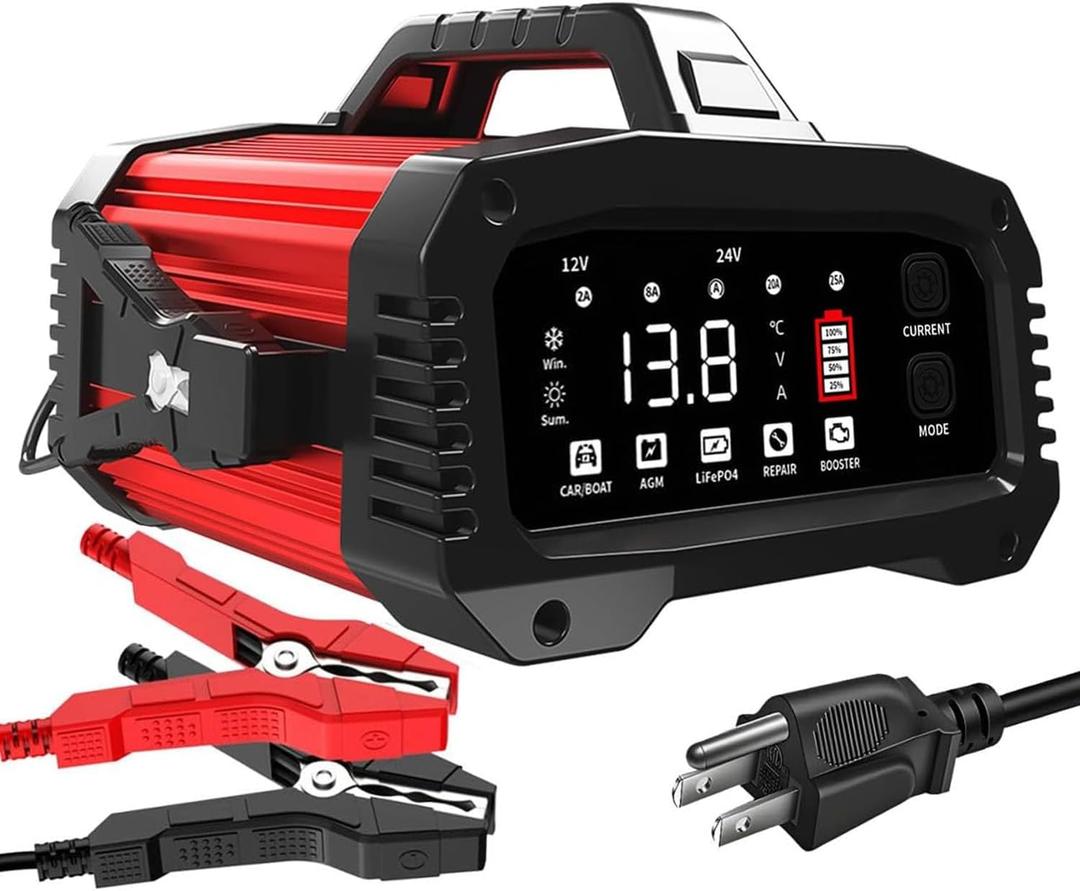 25Amp Car Battery Charger, Maintainer, 12V/24V LiFePO4 Lead Acid (AGM/Gel/SLA) Smart Trickle Charger, Engine Start Booster Mode, Battery Desulfator Repair Charger for Automotive Truck Motorcycle Boat