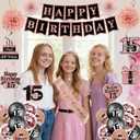 15th Birthday Decorations for Girls,51Pcs PRE-STRUNG Rose Gold Black Party Set-15 Years Old Crown and Sash,Banner Backdrop Balloons Candle Hanging Swirls Paper Fans,PRE-ASSEMBLED