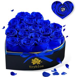 Forever Blue Roses in a Box Heart Shaped 16 Preserved Flowers for Delivery Grade A Quality 100% Real Immortal Flower Eternal Birthday for Her Mom Women Wife Girlfriends (Heart-Blue)
