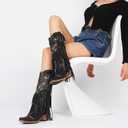 SaraIris Women's Cowgirl Boots Knee High Fringe Boots (Black)