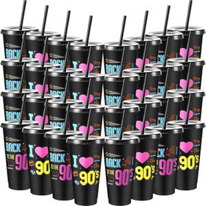 Uiifan 32 Pcs Back to the 90's I Love the 90's Birthday Reusable Cups with Lids and Straws 24 oz Plastic Tumblers Bulk Funny 90s Party Supplies