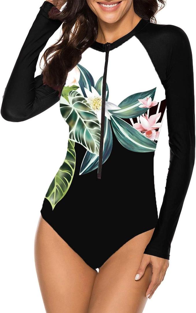 SELINK Women's Long Sleeve Rash Guard UV Protection Zipper Printed Surfing One Piece Swimsuit Bathing Suit (Medium, A Black-3)