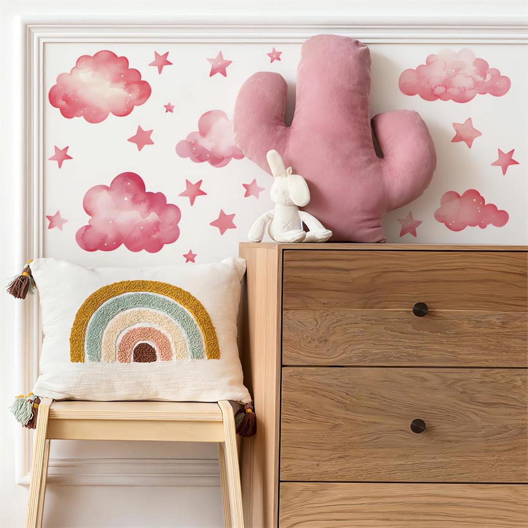 2 Sheets Pink Clouds Stars Wall Stickers, sacinora Art Wall Decals Removable Vinyl Peel and Stick Kids Baby Girl Nursery Bedroom Toddler Room Kindergarten Home Decorations