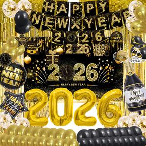 Happy New Year Party Decoration Supplies - 2026 Backdrop Banner Fringe Curtains and Foil Balloon, Photo Booth Props, Swirls, Confetti, New Years Eve Black and Gold Decor Photography Backdrops Kit