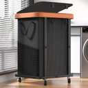 150L (40 Gal) Large Fashion Laundry Basket with Wheels, Leather Patchwork Rolling Hamper Carts, Sturdy Metal Frame, Removable Washable Bag, Tall Clothes Sorter for Bedroom, Laundry Room - Black