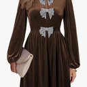 Happy Sailed Womens Velvet Dress Fall Winter Long Sleeve Bowknot High Waisted A Line Cocktail Dresses for Wedding Guest, Large