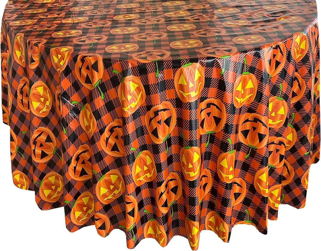 Newbridge Halloween Jack-O-Lantern Vinyl Tablecloth with Flannel Backing, 70 Inch Round, Orange and Black Buffalo Plaid with Spooky Pumpkin Faces, Wipe Clean Halloween Table Cover