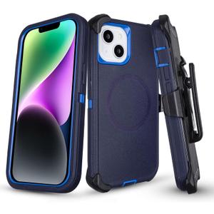 Defender for iPhone 14 Case with Belt Clip Holster, [Compatible with MagSafe] Heavy Duty Rugged Shockproof Anti-Drop Full Body Protective Case for iPhone 14 6.1 Inch (Navy+Blue)