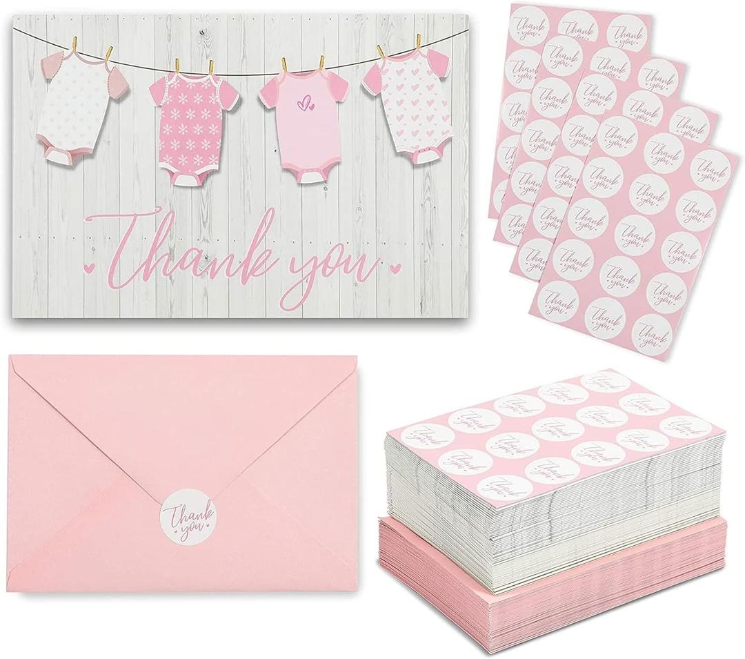 Pipilo Press Thank You Cards Baby Shower - 60 Pack, 4 x 6 In, Pink Clothesline - Blank Interior & Stickers - Bulk Baby Girl Thank You Cards with Envelopes