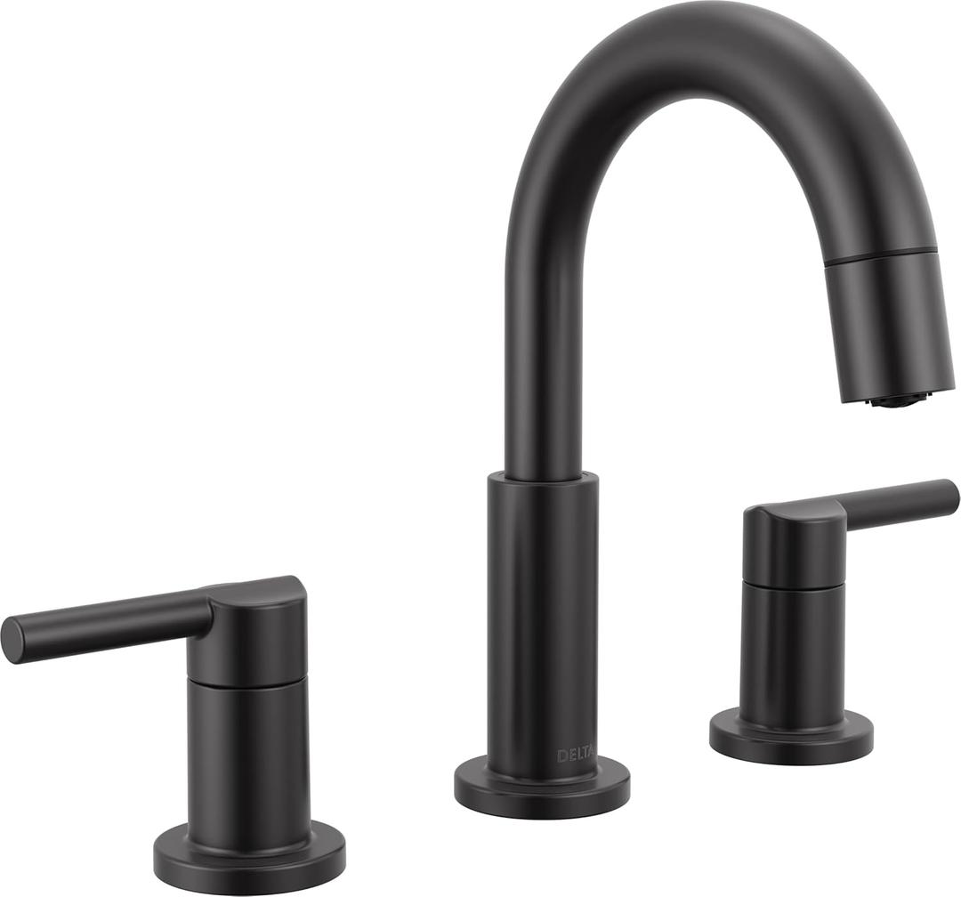 Delta Nicoli Matte Black Bathroom Faucet with Sprayer, 8 Inch 3 Hole Widespread Bathroom Sink Faucet with Pull Out Sprayer, Push-Pop Drain, Matte Black 35749LF-BLPD