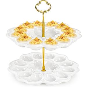 Peohud 2 Tier Deviled Egg Platter, 24 Holes Deviled Egg Tray Container, Detachable Ceramic Easter Egg Holder for Kitchen Countertop, Party, Microwave Dishwasher Freezer Safe