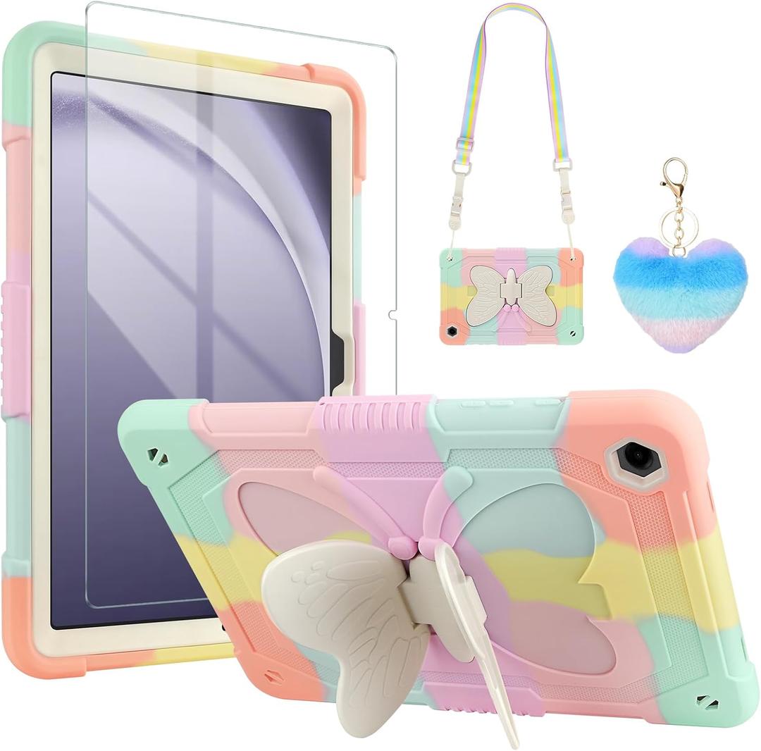 WESADN for Galaxy Tab A9 Plus Case 11 Inch 2023 with Screen Protector/Butterfly Kickstand/Lanyard/Keychain/Pencil Holder Kids Heavy Duty Shockproof Rugged Cover for Samsung Tablet A9+ 11" Rose Gold
