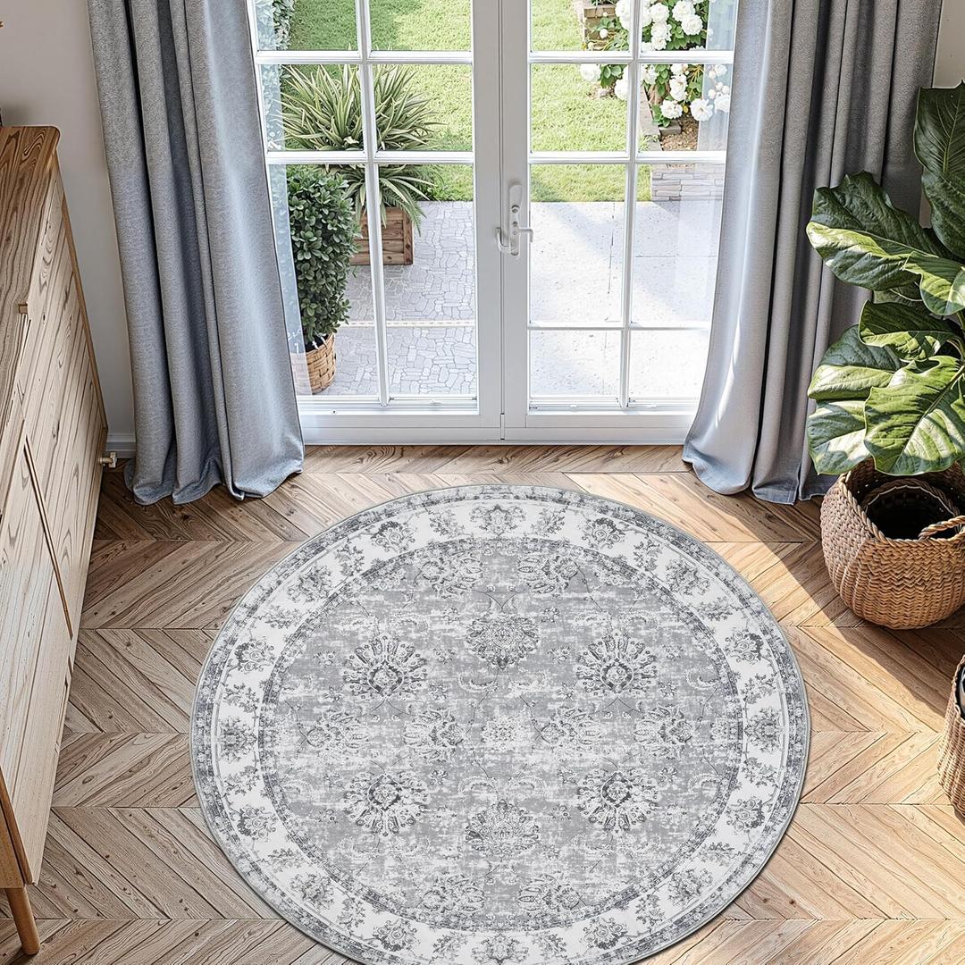 jinchan Fiora Round Rug 5ft Area Rug - Indoor Vintage Hallway Circle 5' Washable - Ultra-Thin Low Pile Soft Small Non Slip Distressed Floral Print for Living Room Dining Room Bedroom Entryway Grey
