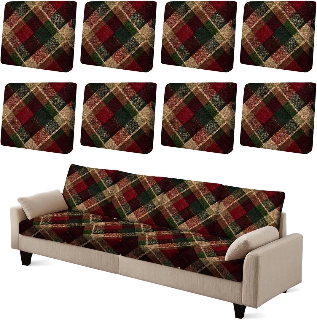 8pcs Classic Plaid Check Printed Couch Cushion Covers - Washable Stretchy Replacement Covers for Sofa Seats, Non-Slip Sofa Slipcovers Pets Friendly Indoor Decor (36)