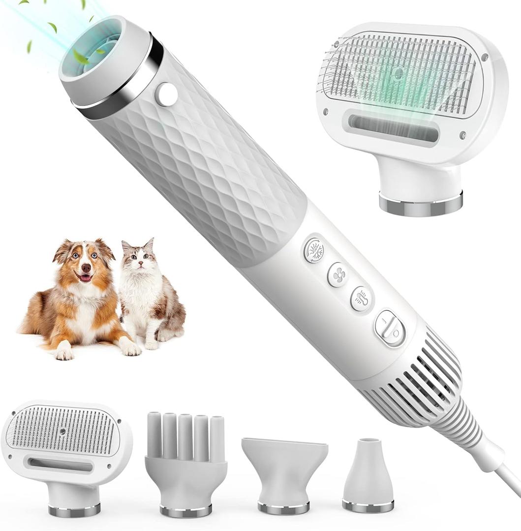 IFurffy Dog Hair Dryer, 5 in 1 Portable Handheld Dog Dryer with Smart Temperature Adjustment, Dog Blow Dryer with Grooming Brush for Home, Pet Washing Station, Travel