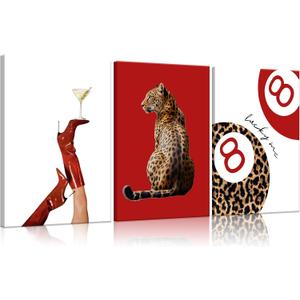 3Pcs Trendy Leopard Wall Art Preppy Funky Red Boot Martini 8 Ball Wall Decor Pictures Vintage Feminism Aesthetic Cheetah Canvas Poster Prints for Girly Bedroom Apartment Dorm Decoration 16X24