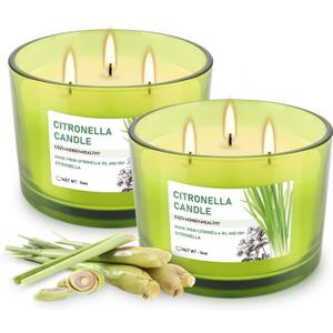 Set of 2 Green Glass Jars Citronella Oil Candles 14oz Smokeless & Outdoor Candles Perfect for Courtyards, Backyards, Camping, Picnics, and Garden.