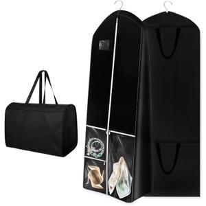 Dress Garment Bags, Long Garment Bags for Travel, 70' Wedding Dress Cover with Handle, Foldable Clothing Bag with Pockets and Zippers, Black, 180 cm