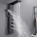 ROVATE Shower Panel Tower System with Rainfall Waterfall Shower Head, Elegant Matte Black 4-in-1 Shower-Tower with Jets and Handheld, Stainless Steel Shower Column High Pressure