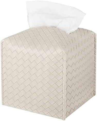 Tissue Box Cover PU Leather Tissue Holder Square Facial Tissue Case Facial Paper Organizer Dispenser for Bathroom, Vanity Countertop, Tabletop, Car, Griege