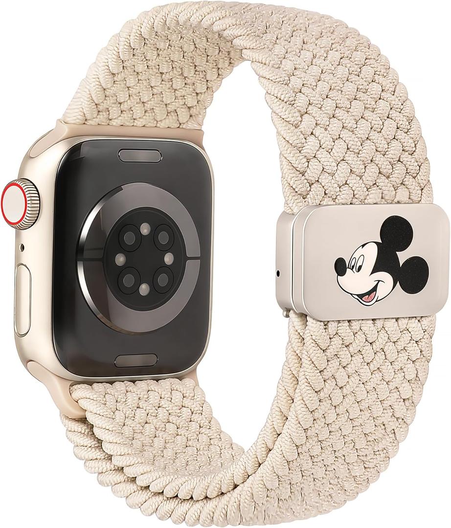 Braided Cartoon Magnetic Clasp Band Compatible with Apple Watch Bands 40/38/41/42/44/45/46/49mm Women Men, Stretchy Elastic Nylon Woven Strap for iWatch Series 11 10 9 8 7 6 5 4 SE/Ultra 3 2 1 (Starlight)