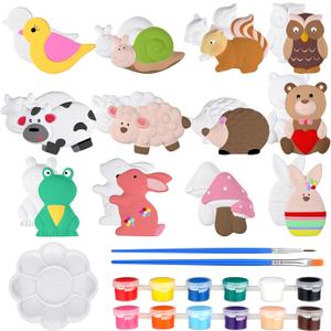 Sinmoe 12 Sets Arts and Crafts Set Painting Kit Unpainted DIY Ceramic Figurines Paint Your Own Figurines with 12 Magnet 2 Brushes and 1 Palette Ceramic Painting Kit for Adults (Animal)