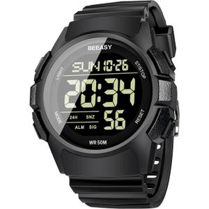Beeasy Mens Digital Sports Watch, 50M Waterproof 49mm Rubber Strap Mens Watches with Stopwatch, Countdown Timer, Alarm & Dual TimeIdeal for Sport, Gym, Running, Referee, School & Daily Wear (Black Dial)