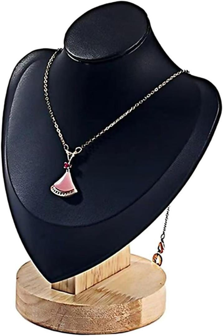 Wooden Small Portrait Necklace Display Stand with Black Leather Soft Mat Mannequin Bust Model Jewelry Organizer Holder for Craft Shows Selling Shows Home Decor (Black, Small)