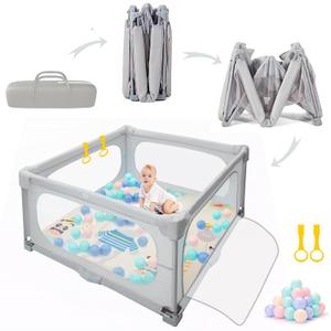 50x50 Foldable Playpen for Babies and Toddlers,Collapsible Baby Playpen,Portable Baby Play Pen with Mat Included 50PCS Ocean Balls and 2 Handlers,Large Folding Play Yard Indoor & Outdoor