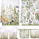 Leinuosen 6 Wild Flower Kitchen Towels Kitchen Decor and Accessories Set Floral Plant Oven Mitts and Pot Holders Sets Farmhouse Absorbent Dish Towels for Cooking Baking Grilling (Green)