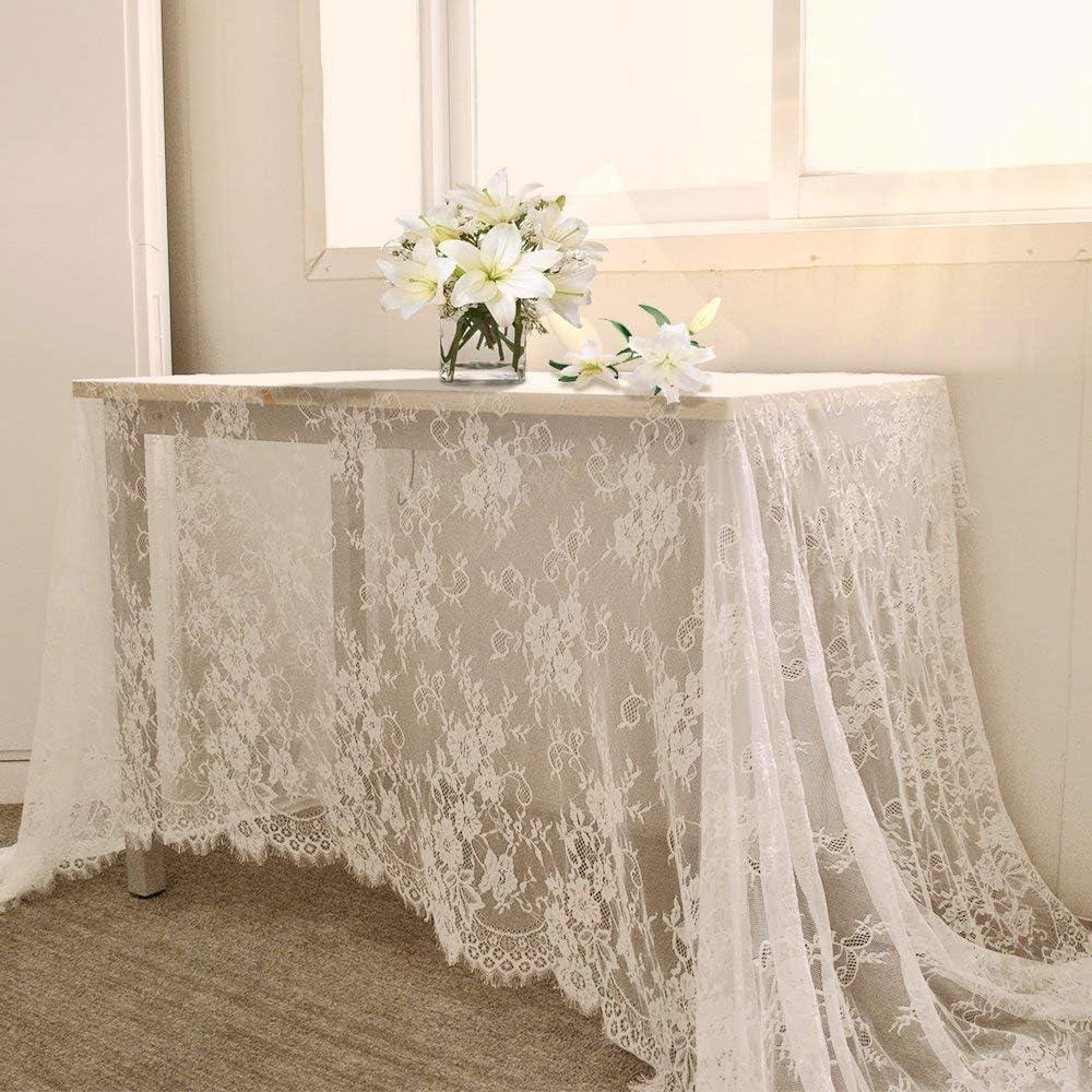 B-COOL White Lace Tablecloth 60 X120 Inches Rectangle Vintage Embroidered Bridal Wedding Tablecloths Sheer Overlay for Rustic Outdoor Party Reception Home Decor