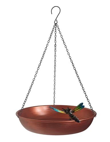 Hanging Birdbath Bird Feeder for Outdoor 11” Antique Copper Cute Small Metal Bird Bath Bowl with Detachable Black Chain Metal Dragonfly for Garden Backyard Decor