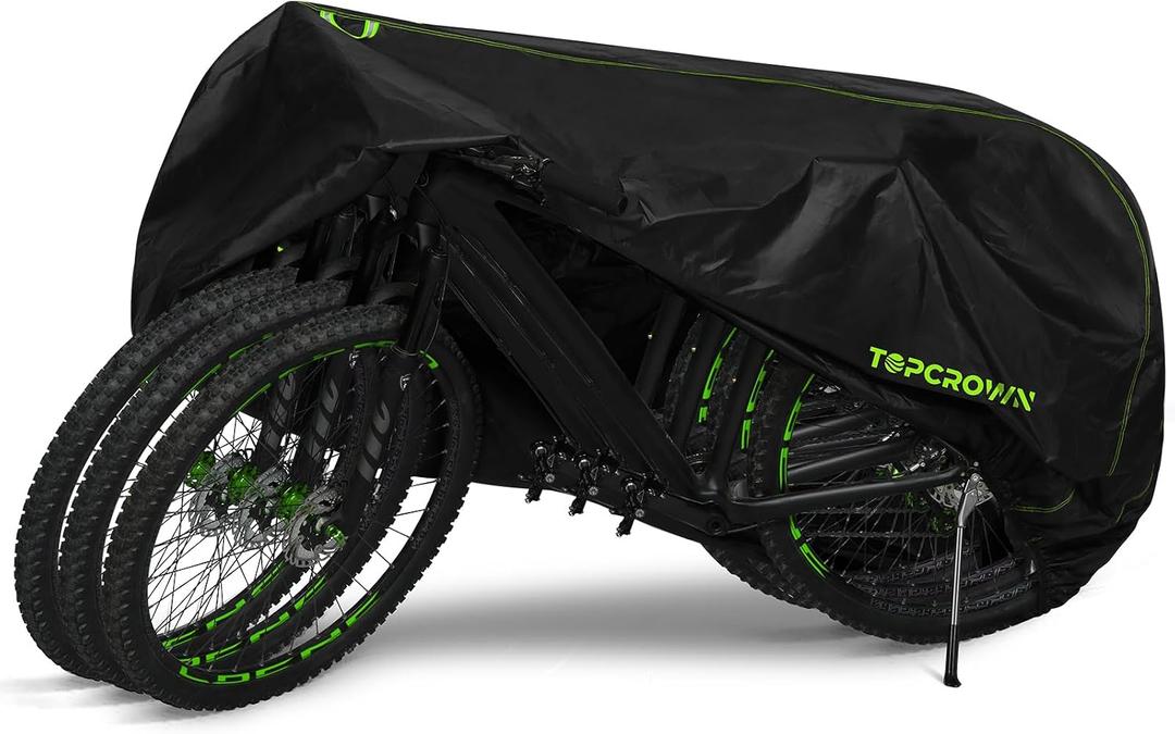 Topcrown Bike Cover Waterproof Outdoor Storage for 3 Bikes, Bicycle Cover Rain Sun UV Dust Wind Proof with Storage Bag for Mountain Road Bike/Ebike (210D Black+Green, XXXL Size for 3 bikes)