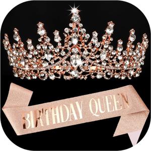 COCIDE "BIRTHDAY QUEEN Birthday Sash for Women Birthday Tiaras for Girls Birthday Decorations Set Rhinestone Headband Hair Accessories Glitter Crown for Party Supplies (Rose Gold)