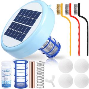Qualirey Solar Pool Ionizer Automatic Floating Pool Cleaner, Water Ionizer with 4 Pcs Scum Collection Ball, for Above Ground and Inground Pools, up to 35, 000 Gallons (Blue,7.9 Inch)