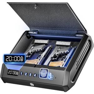 Large Biometric Gun Safe fits 4 pistols, 100 Sets of Fingerprint Handgun Safe with Internal Light & Silent Mode, Gun Lock Box for Home Bedroom Bedside Nightstand and Car, Emergency Charging, TOPMEDA