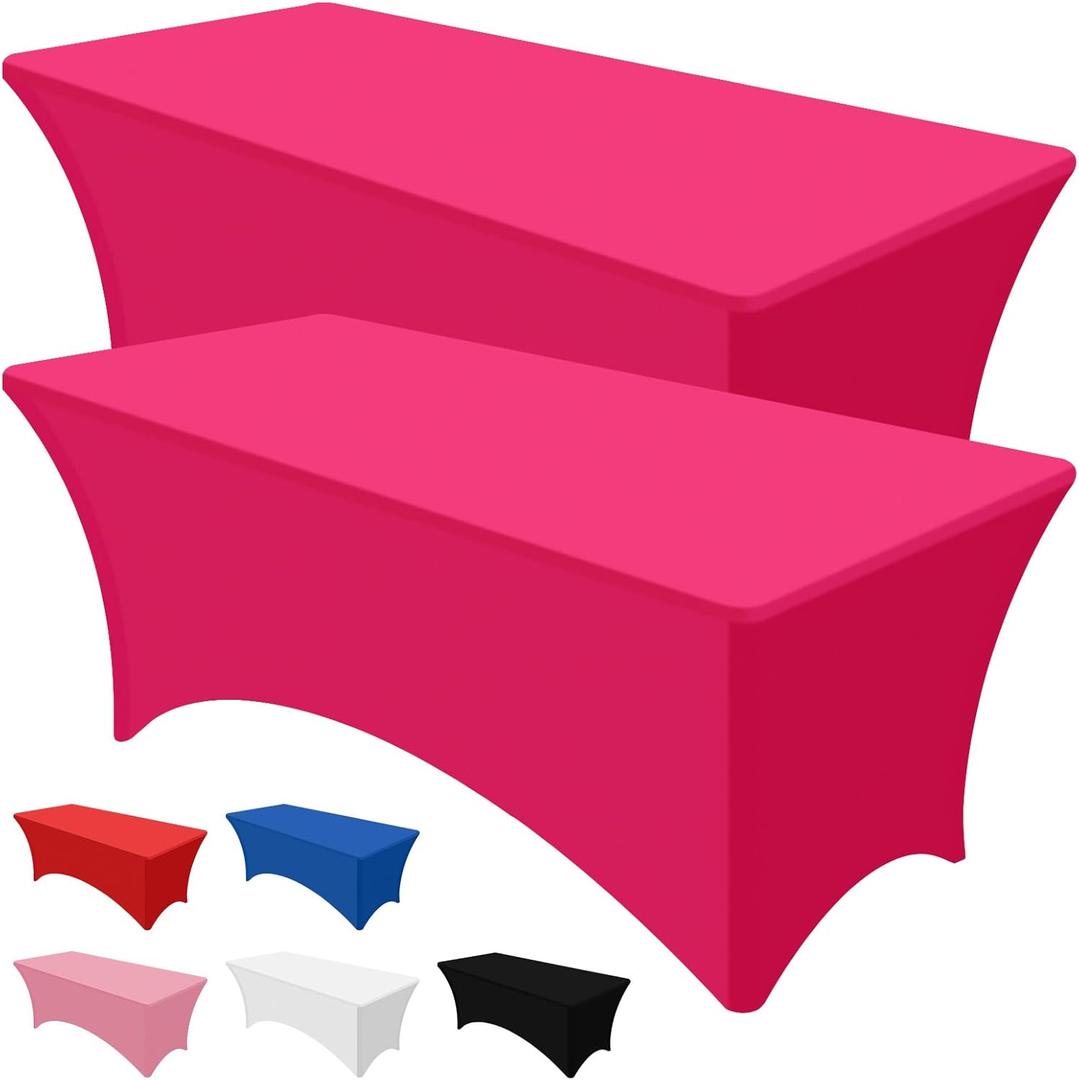 PLULON 2Pack 6FT Hot Pink Tablecloth Rectangular Fitted Stretch Table Cover Washable Spandex Tablecloth Table Protector for Patio Picnic Wedding Birthday Banquet Baby Shower Christmas Table Dcor