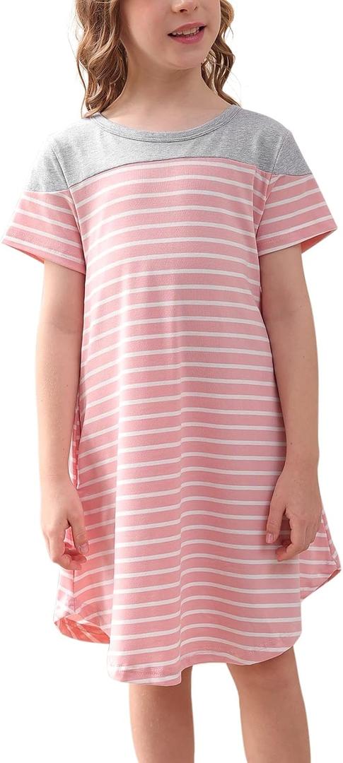GORLYA Girls Casual Striped Dress Soft Short Sleeve Loose Round Neck Midi T-Shirt Dress for 6-14Y (Pink)
